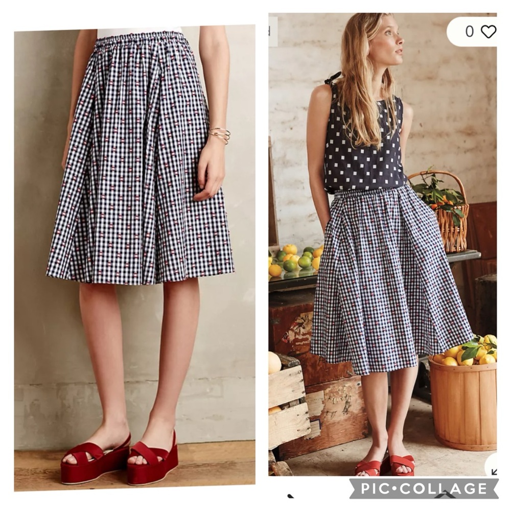NEW ANTHROPOLOGIE MAEVE GINGHAM MARKET SKIRT BLACK EMBROIDERY FRINGE MOTIF